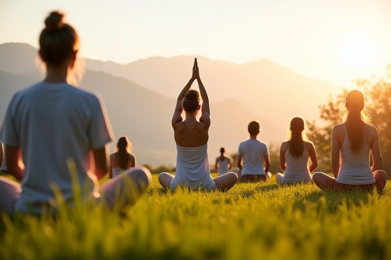 People participating in an outdoor yoga session at a wellness festival